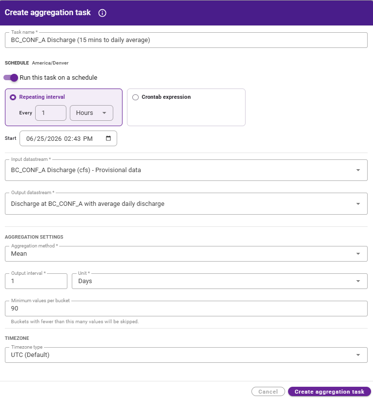 Create an aggregation task to calculate daily average discharge