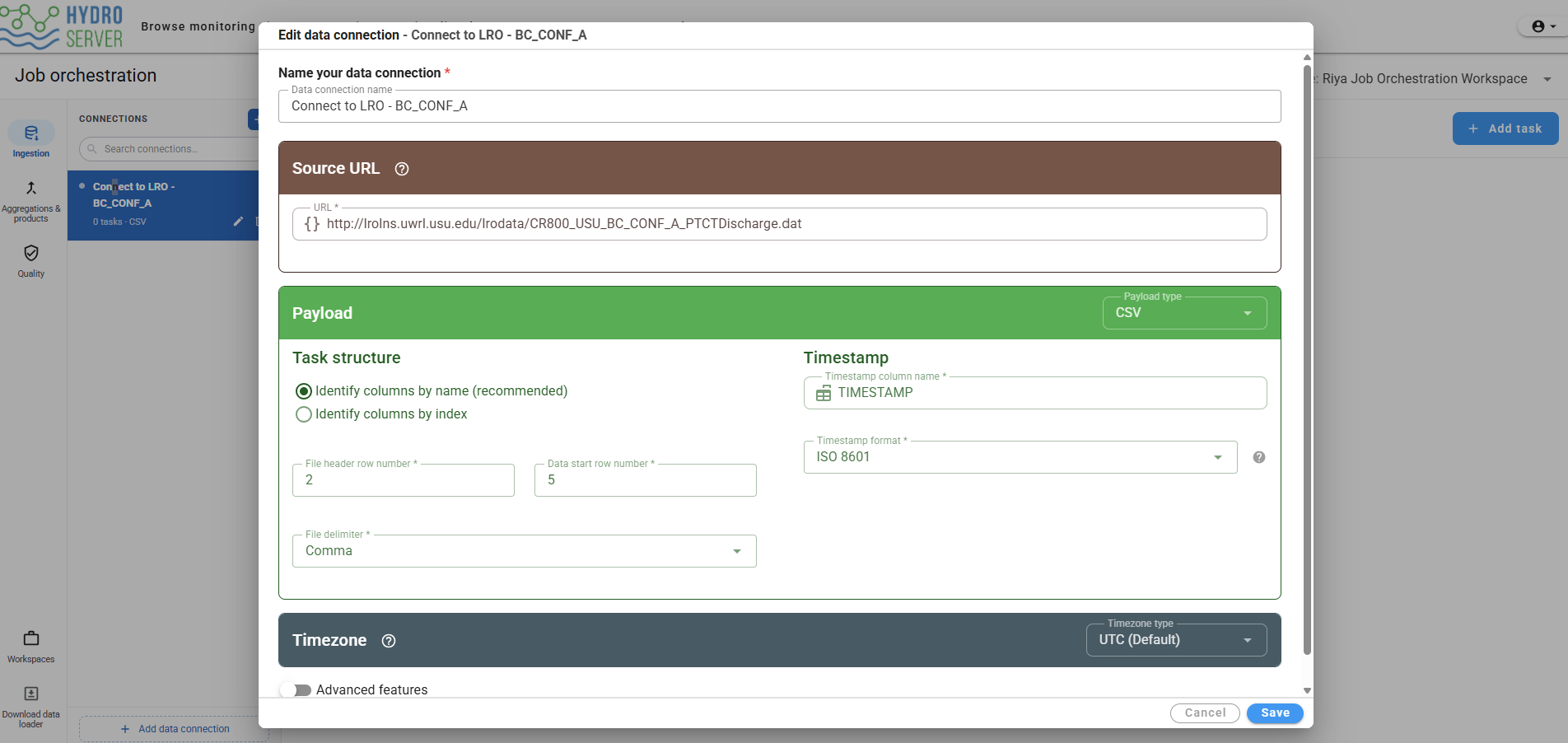 Create a new data connection form