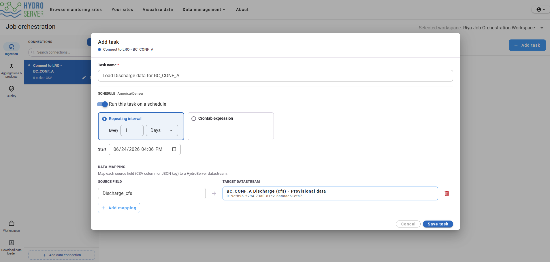 Add a new ingestion task under a data connection