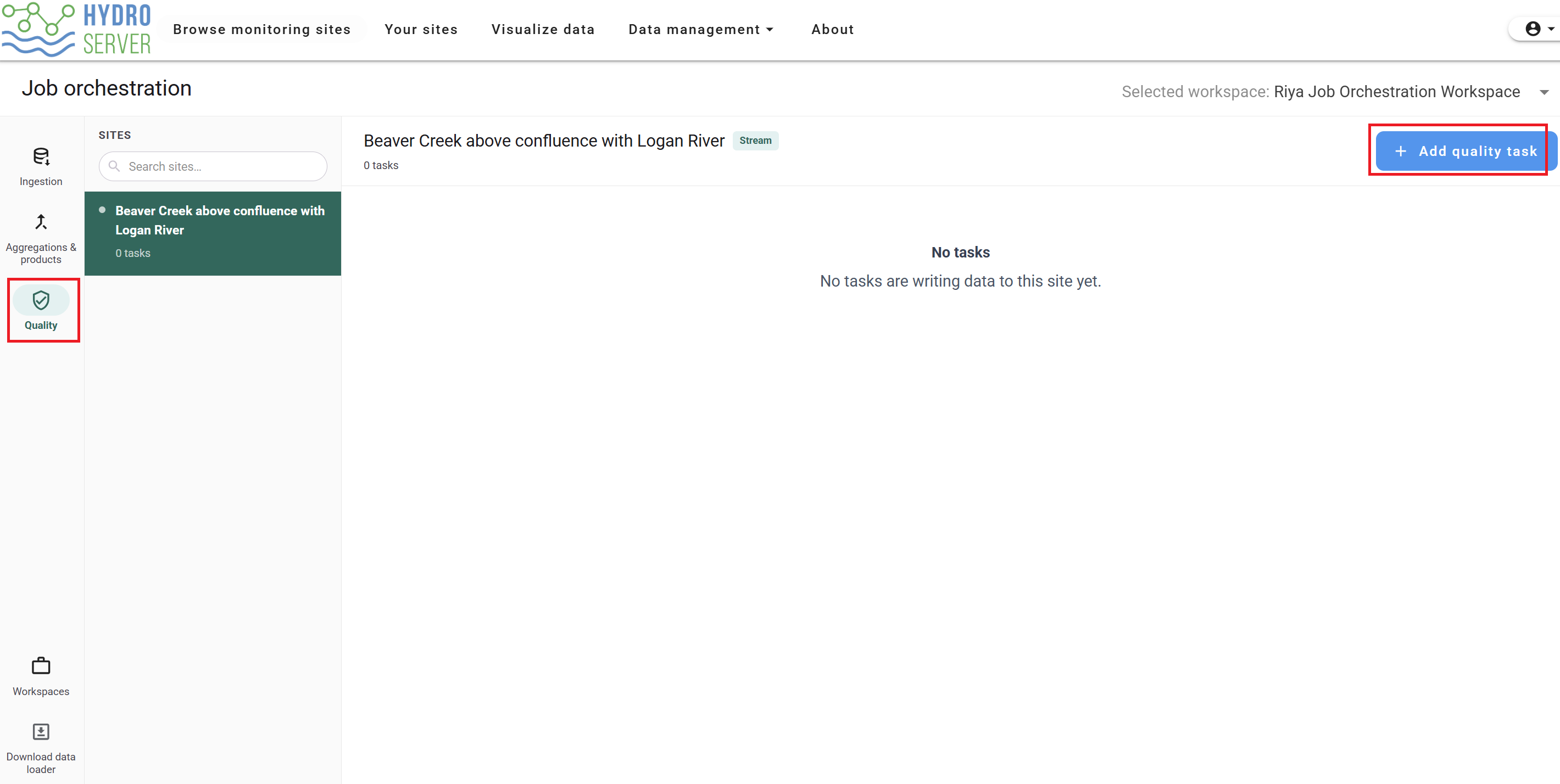 Open the Quality section and add a quality monitoring task
