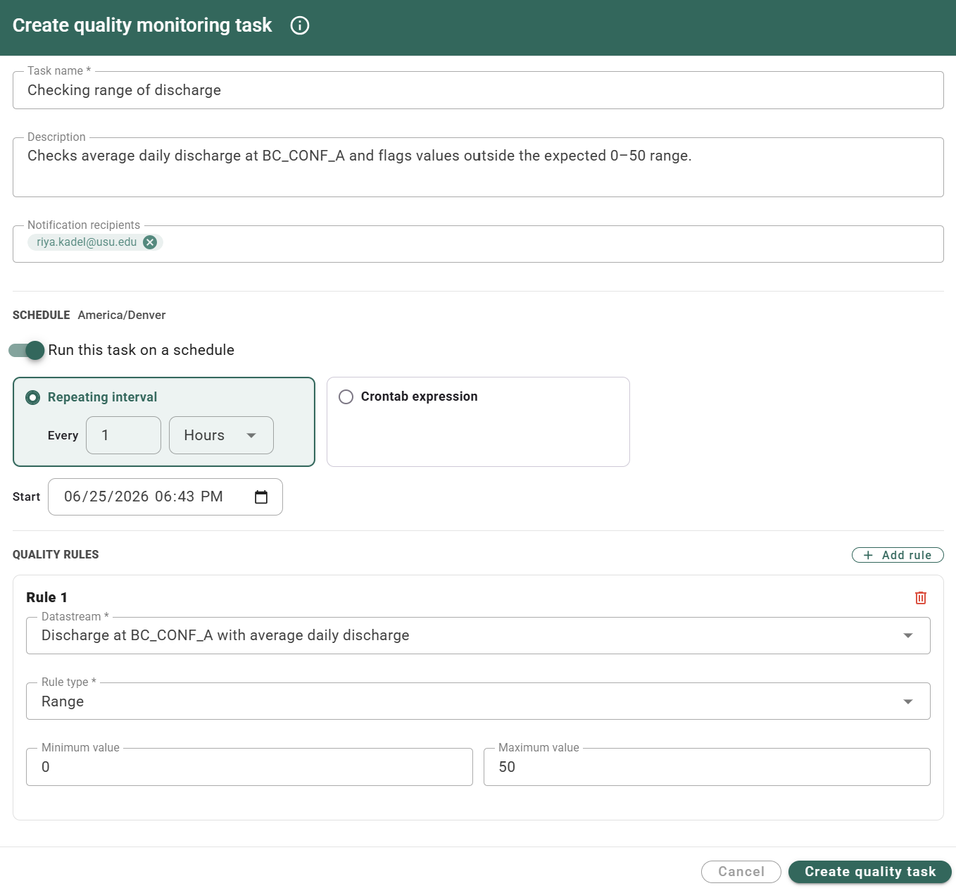 Create a quality monitoring task with a range rule for discharge