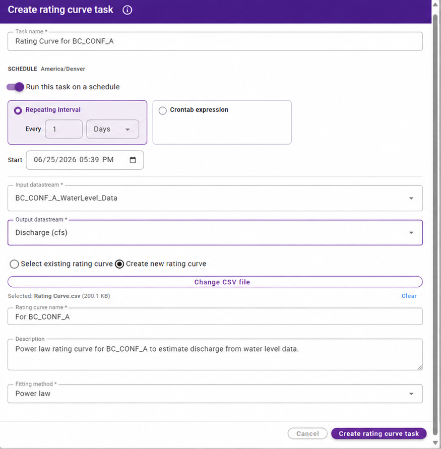 Rating curve task form
